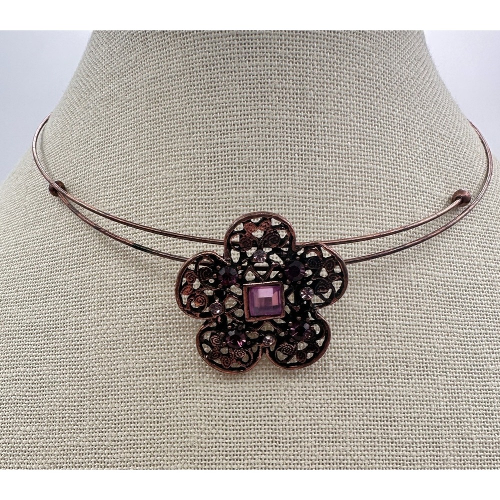 Vintage 70s Copper Tone Filigree Flower Choker Purple Rhinestone Crystal Jewelry